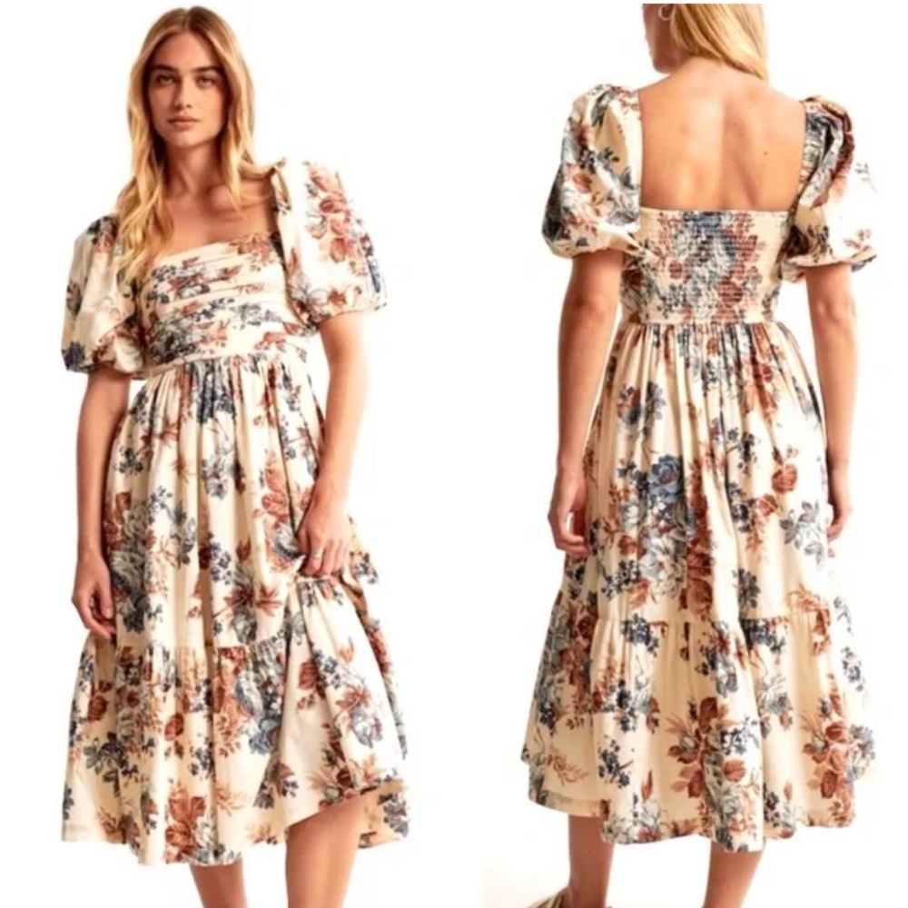 Abercrombie and fitch Emerson poplin Floral Cream midi Dress xL  smocked tiered